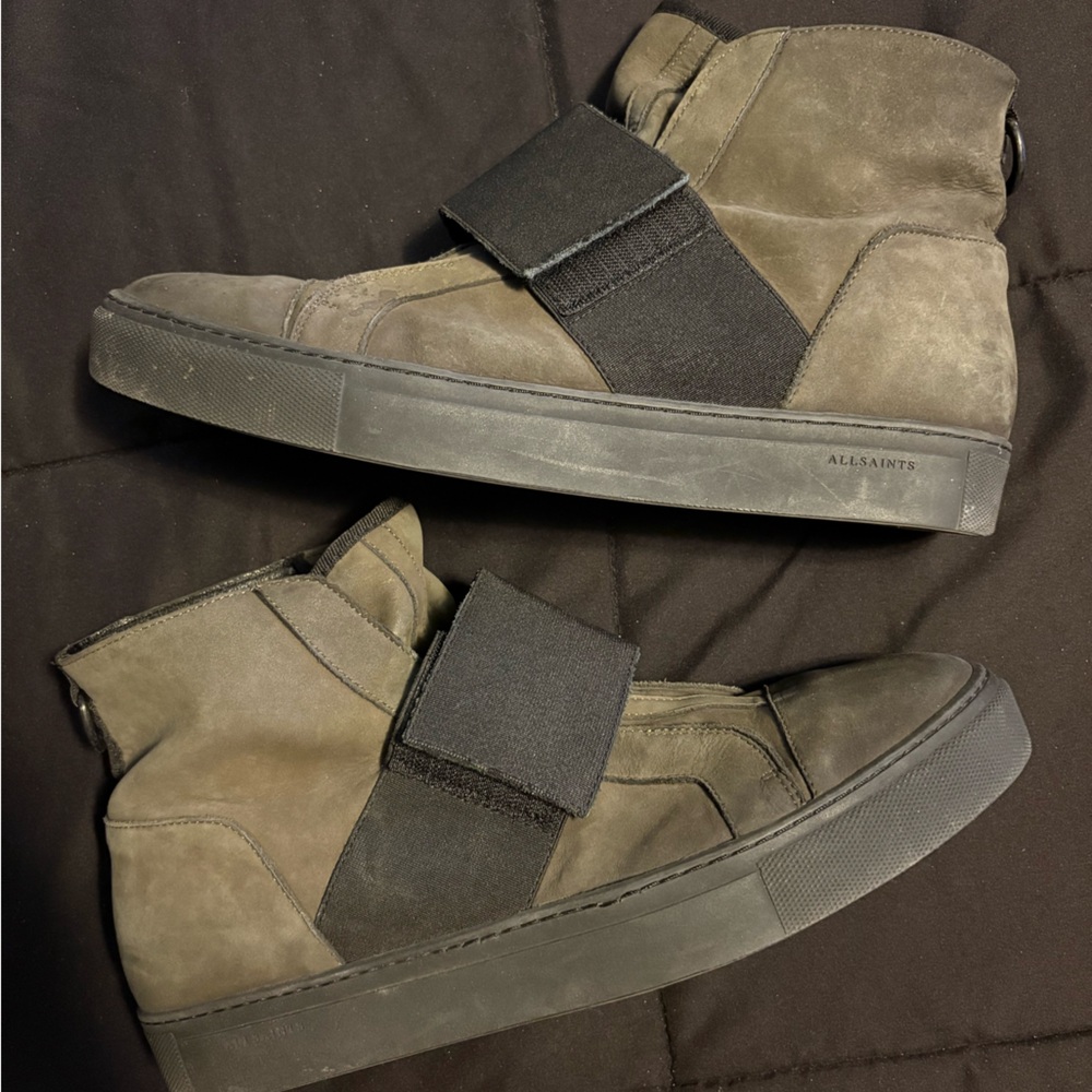 All Saints Men's Velcro Leather Suede Boots in Olive Green